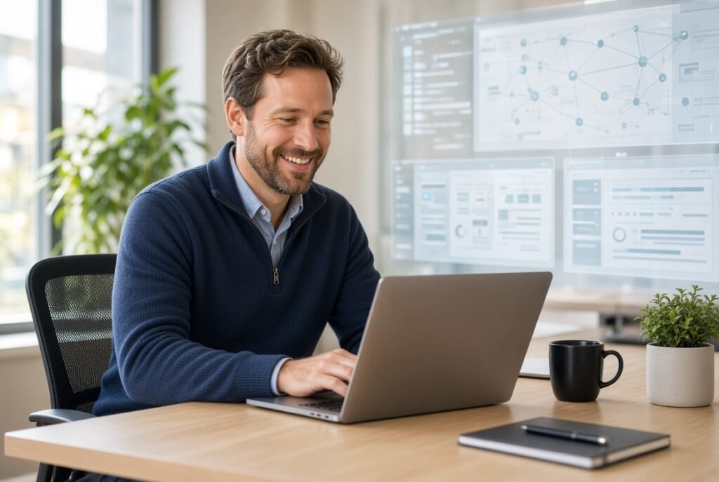 Smiling consultant working on a laptop with project dashboards displayed behind him
