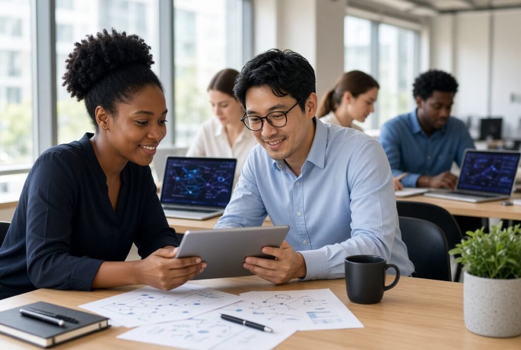 Two colleagues reviewing a network diagram on a tablet in a bright open-plan office