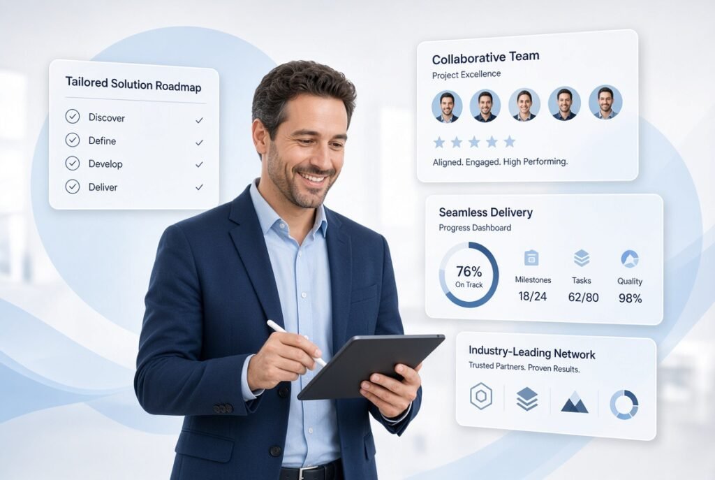 Consultant with a tablet surrounded by cards for tailored roadmaps, collaborative teams, seamless delivery and an industry-leading partner network